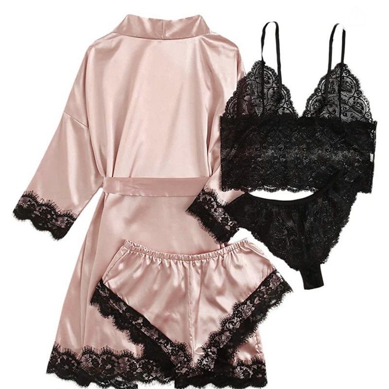 Lace-gemoolt Satin Pyjamas 4-Stéck Set